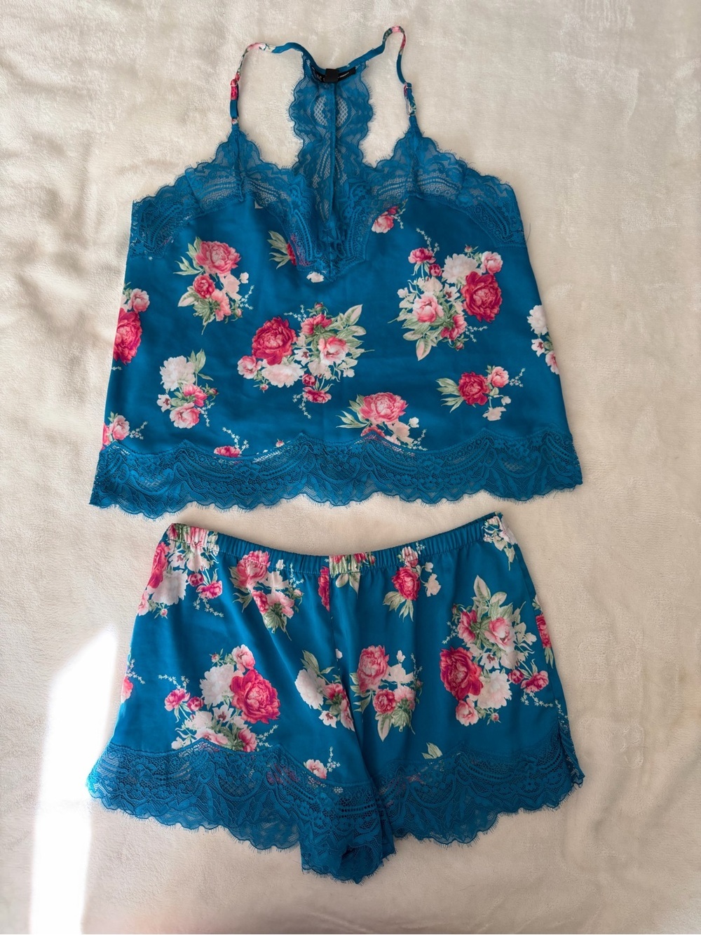 INC International Concepts Teal Floral Lace-Trim Satin Cami & Shorts Set